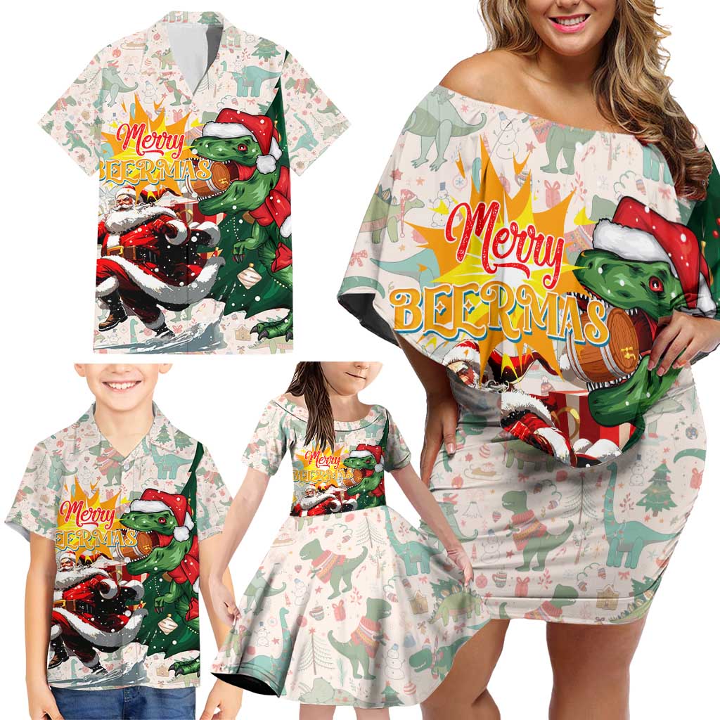 Cheer Santa Claus T-Rex Family Matching Off Shoulder Short Dress and Hawaiian Shirt Merry Beermas Christmas - Wonder Print Shop