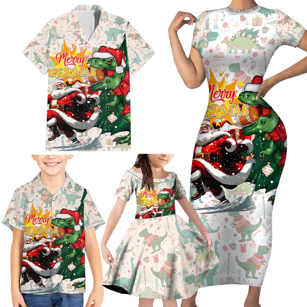 Cheer Santa Claus T-Rex Family Matching Short Sleeve Bodycon Dress and Hawaiian Shirt Merry Beermas Christmas - Wonder Print Shop