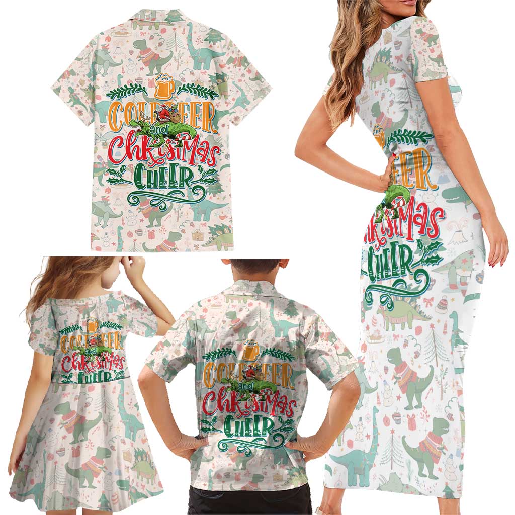 Cheer Santa Claus T-Rex Family Matching Short Sleeve Bodycon Dress and Hawaiian Shirt Merry Beermas Christmas - Wonder Print Shop