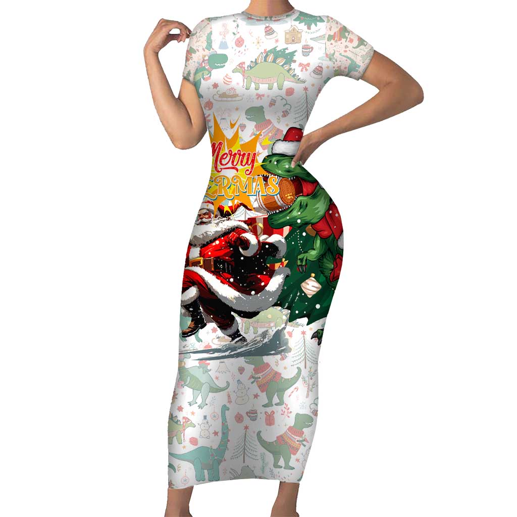 Cheer Santa Claus T-Rex Family Matching Short Sleeve Bodycon Dress and Hawaiian Shirt Merry Beermas Christmas - Wonder Print Shop