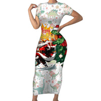 Cheer Santa Claus T-Rex Family Matching Short Sleeve Bodycon Dress and Hawaiian Shirt Merry Beermas Christmas - Wonder Print Shop