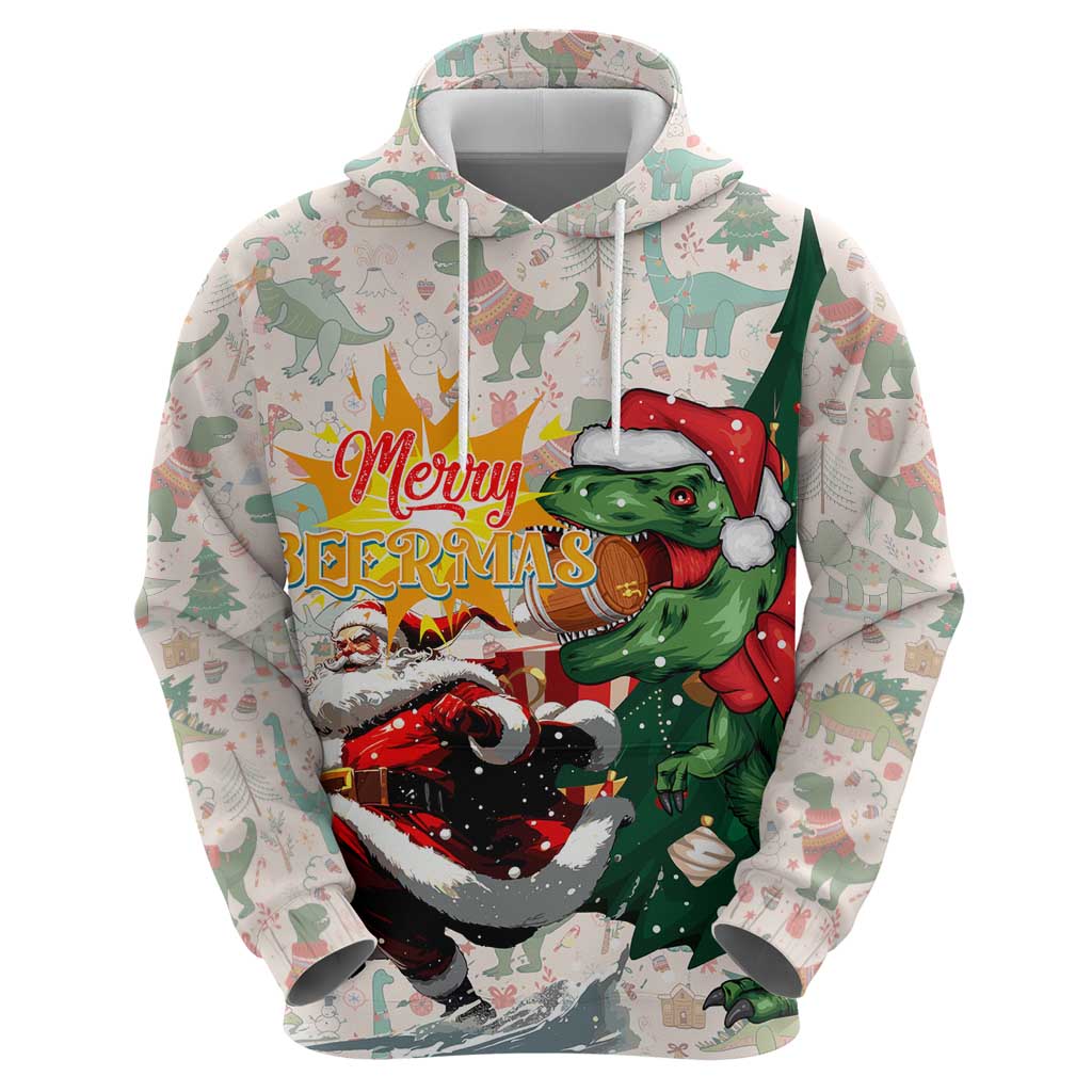 Cheer Santa Claus T-Rex Hoodie Merry Beermas Christmas - Wonder Print Shop