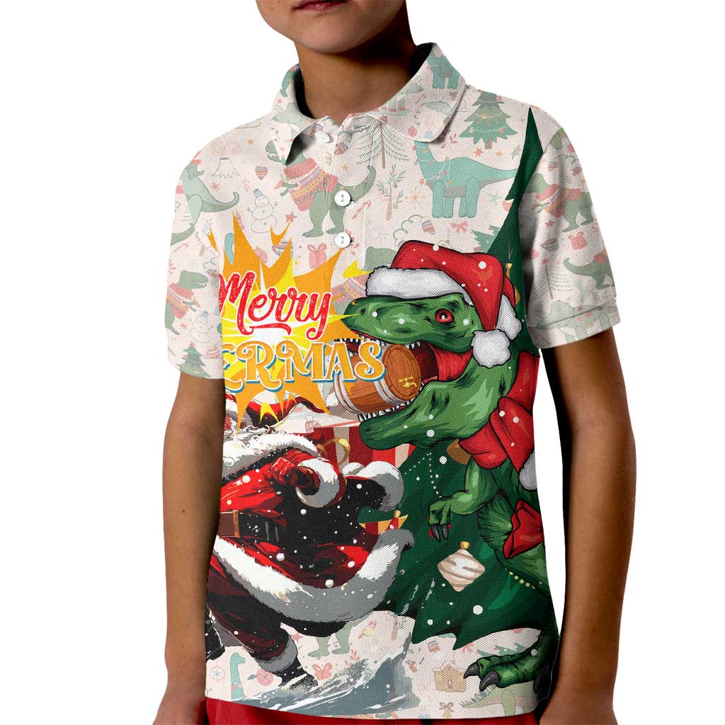 Cheer Santa Claus T-Rex Kid Polo Shirt Merry Beermas Christmas - Wonder Print Shop