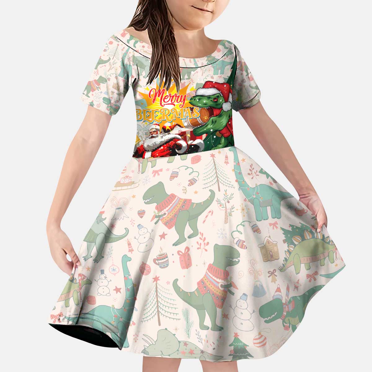 Cheer Santa Claus T-Rex Kid Short Sleeve Dress Merry Beermas Christmas - Wonder Print Shop