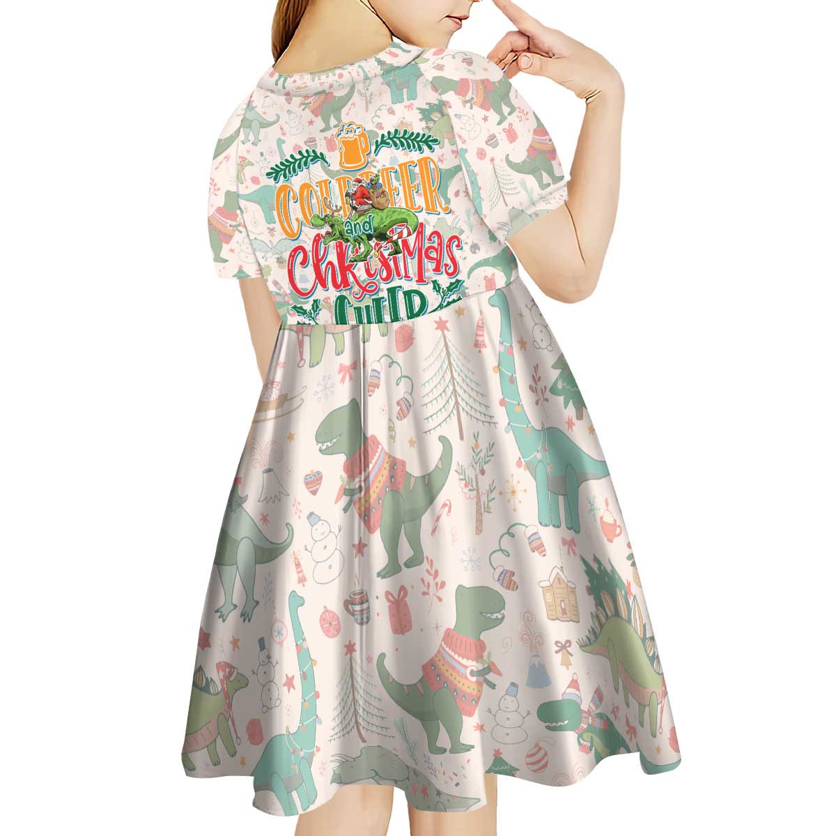 Cheer Santa Claus T-Rex Kid Short Sleeve Dress Merry Beermas Christmas - Wonder Print Shop