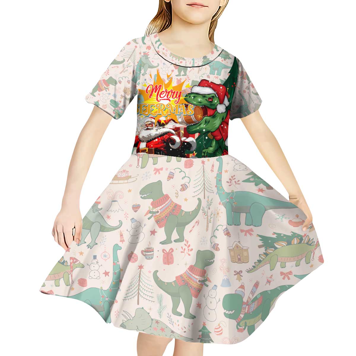 Cheer Santa Claus T-Rex Kid Short Sleeve Dress Merry Beermas Christmas - Wonder Print Shop