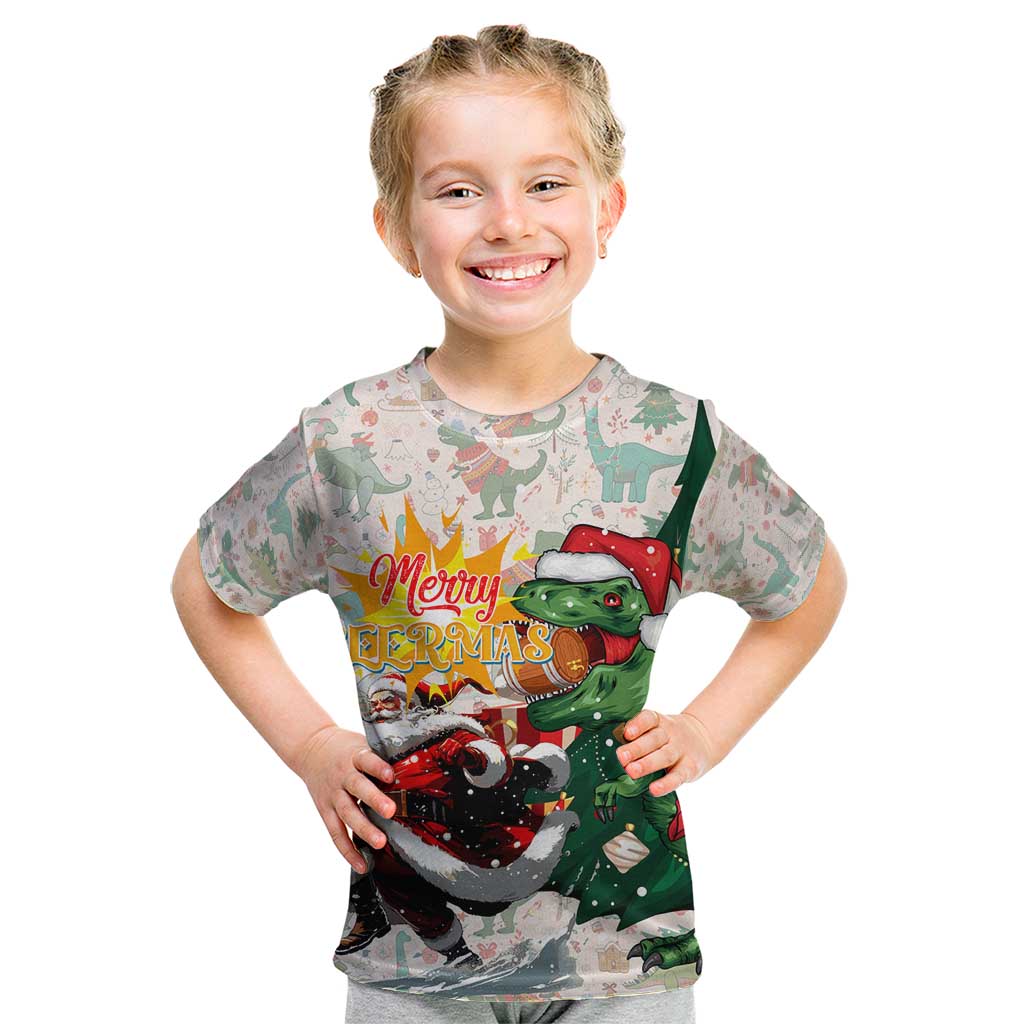 Cheer Santa Claus T-Rex Kid T Shirt Merry Beermas Christmas - Wonder Print Shop