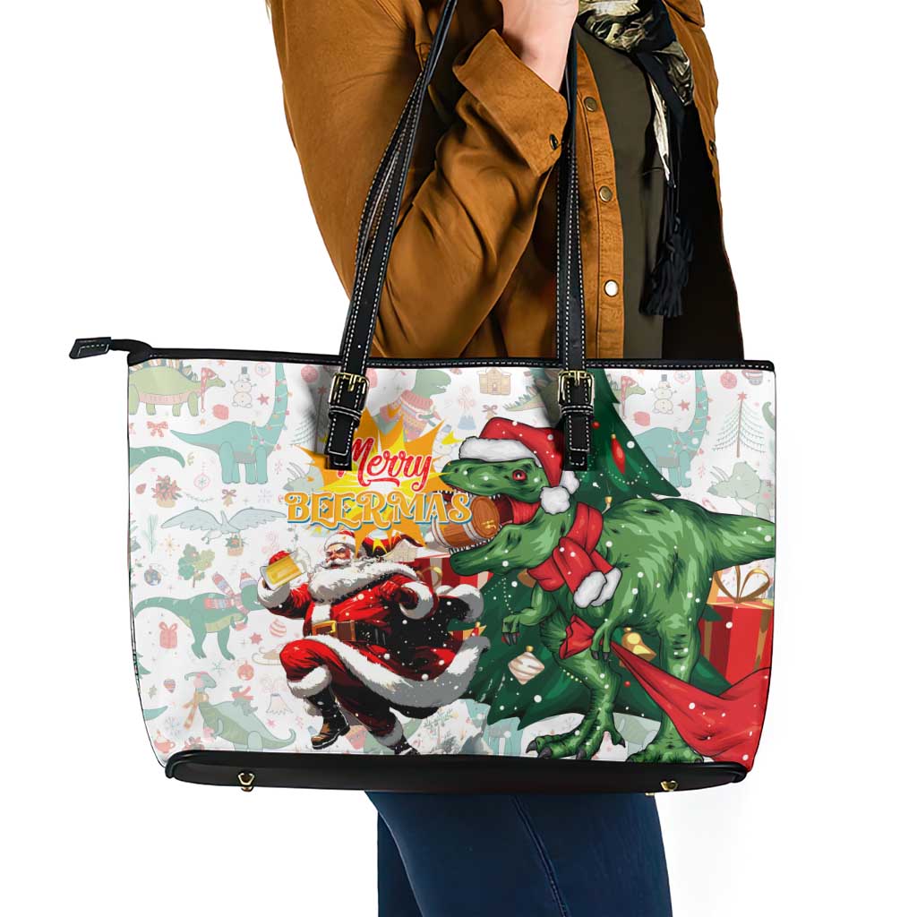 Cheer Santa Claus T-Rex Leather Tote Bag Merry Beermas Christmas - Wonder Print Shop