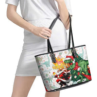 Cheer Santa Claus T-Rex Leather Tote Bag Merry Beermas Christmas - Wonder Print Shop