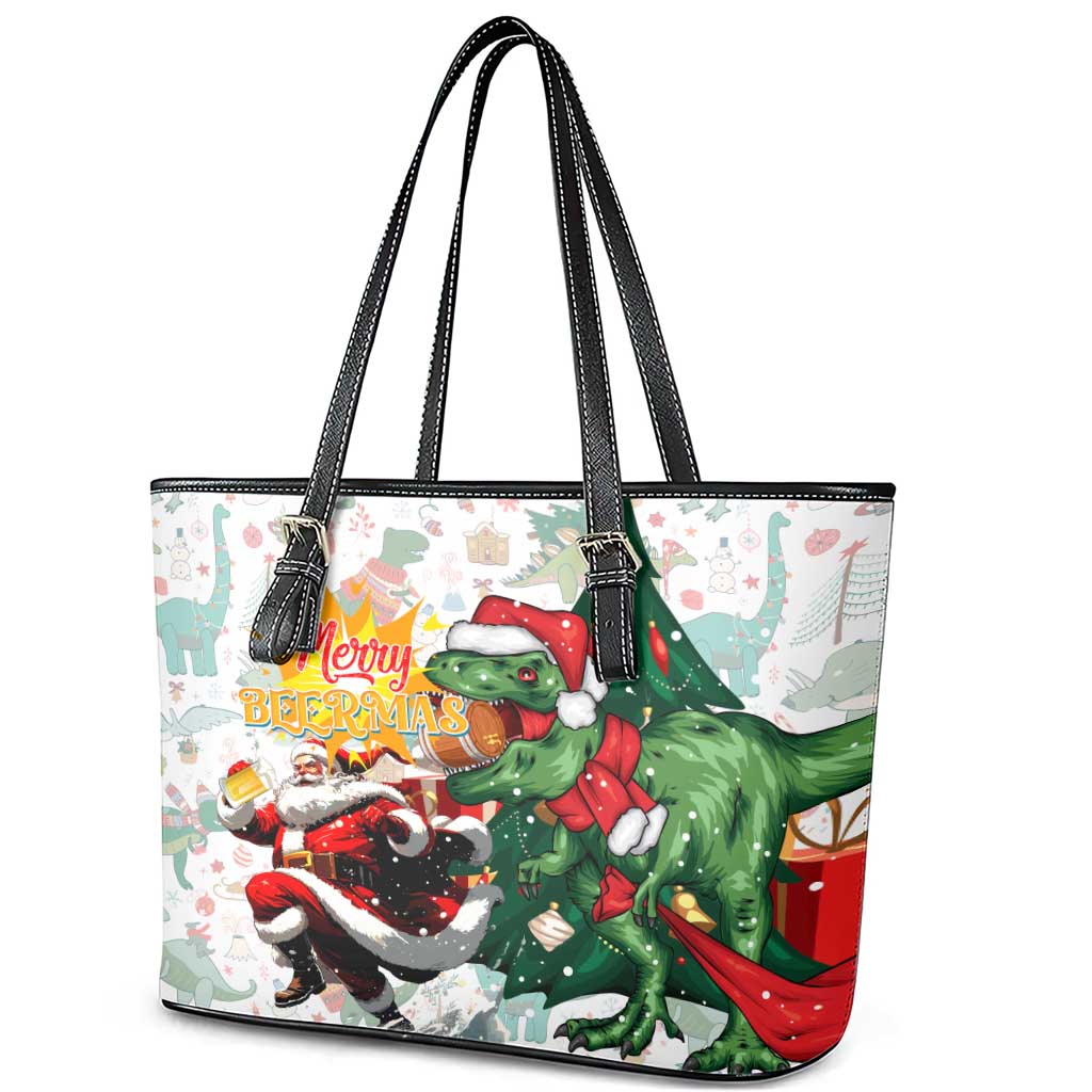 Cheer Santa Claus T-Rex Leather Tote Bag Merry Beermas Christmas - Wonder Print Shop