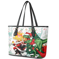 Cheer Santa Claus T-Rex Leather Tote Bag Merry Beermas Christmas - Wonder Print Shop