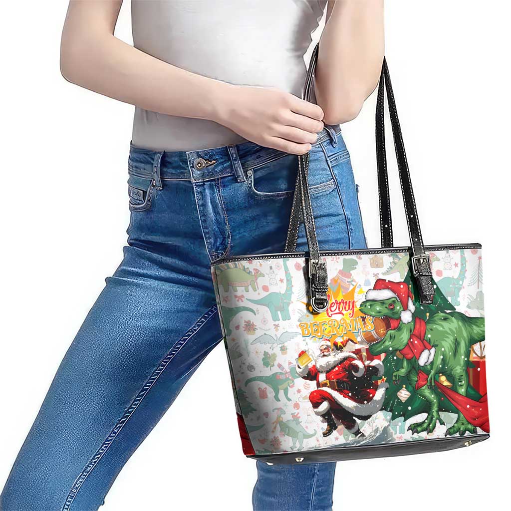 Cheer Santa Claus T-Rex Leather Tote Bag Merry Beermas Christmas - Wonder Print Shop