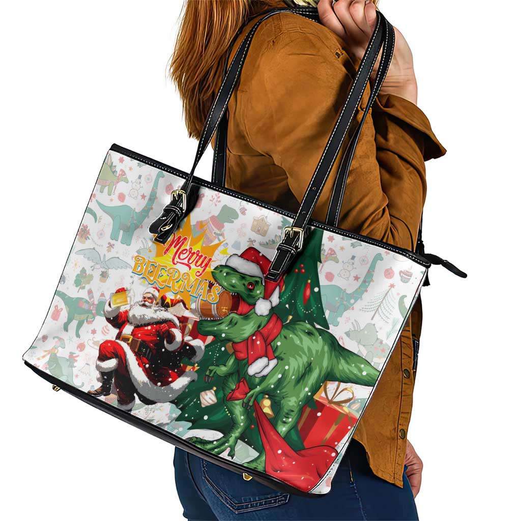 Cheer Santa Claus T-Rex Leather Tote Bag Merry Beermas Christmas - Wonder Print Shop