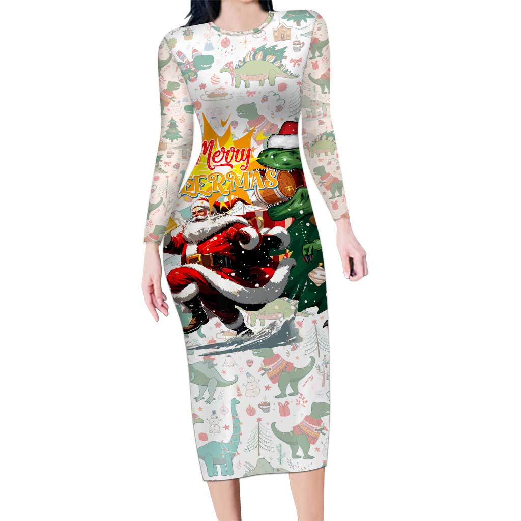 Cheer Santa Claus T-Rex Long Sleeve Bodycon Dress Merry Beermas Christmas - Wonder Print Shop