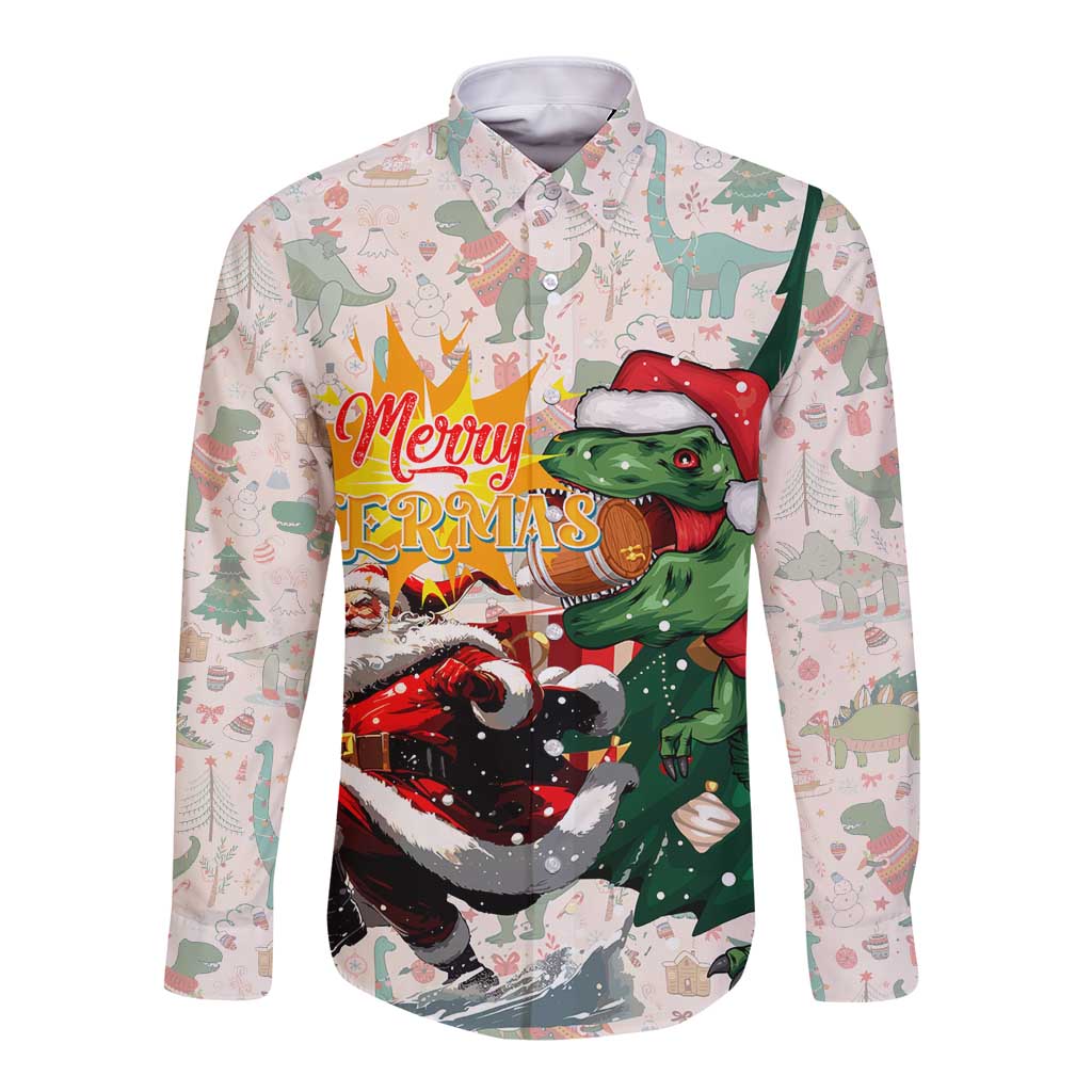 Cheer Santa Claus T-Rex Long Sleeve Button Shirt Merry Beermas Christmas - Wonder Print Shop