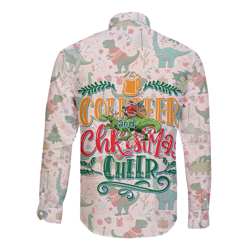 Cheer Santa Claus T-Rex Long Sleeve Button Shirt Merry Beermas Christmas - Wonder Print Shop