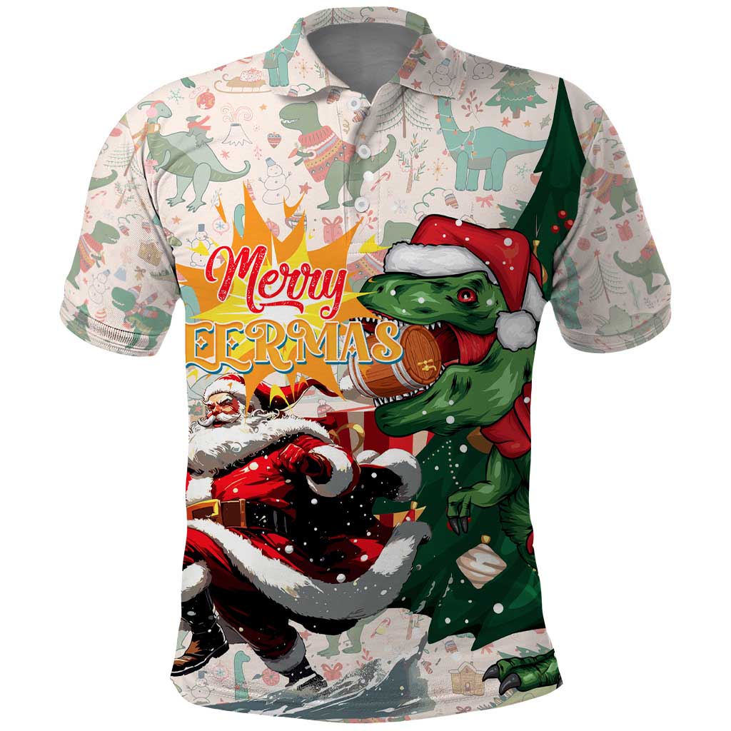 Cheer Santa Claus T-Rex Polo Shirt Merry Beermas Christmas - Wonder Print Shop