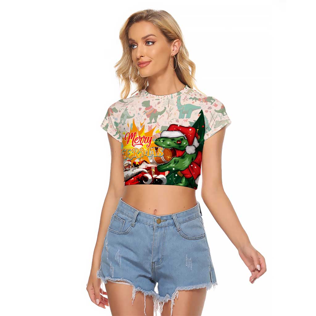 Cheer Santa Claus T-Rex Raglan Cropped T Shirt Merry Beermas Christmas - Wonder Print Shop
