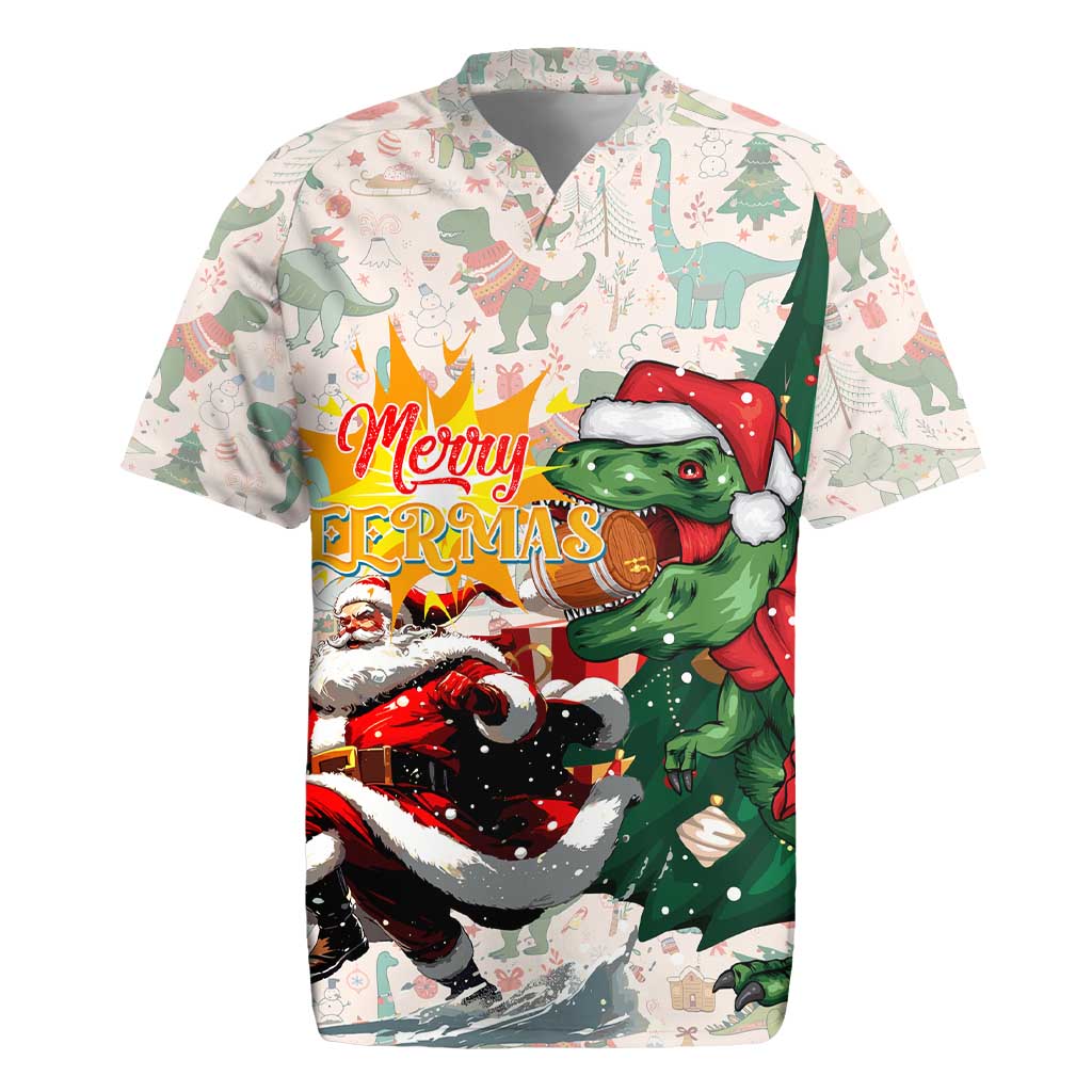 Cheer Santa Claus T-Rex Rugby Jersey Merry Beermas Christmas - Wonder Print Shop