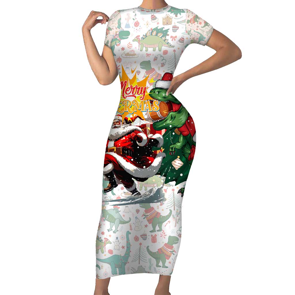 Cheer Santa Claus T-Rex Short Sleeve Bodycon Dress Merry Beermas Christmas - Wonder Print Shop