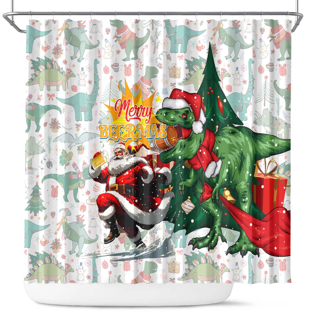 Cheer Santa Claus T-Rex Shower Curtain Merry Beermas Christmas