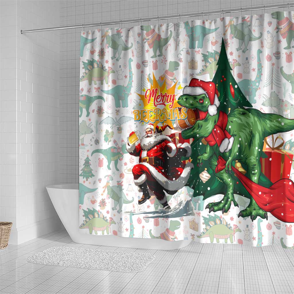 Cheer Santa Claus T-Rex Shower Curtain Merry Beermas Christmas