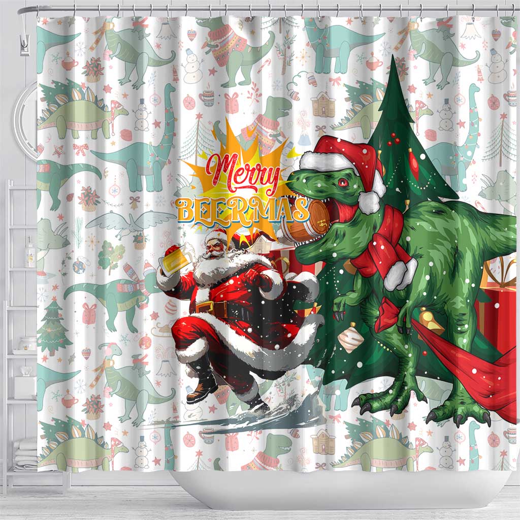 Cheer Santa Claus T-Rex Shower Curtain Merry Beermas Christmas