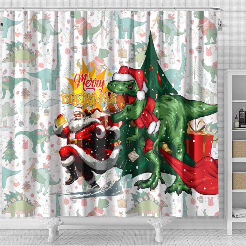 Cheer Santa Claus T-Rex Shower Curtain Merry Beermas Christmas