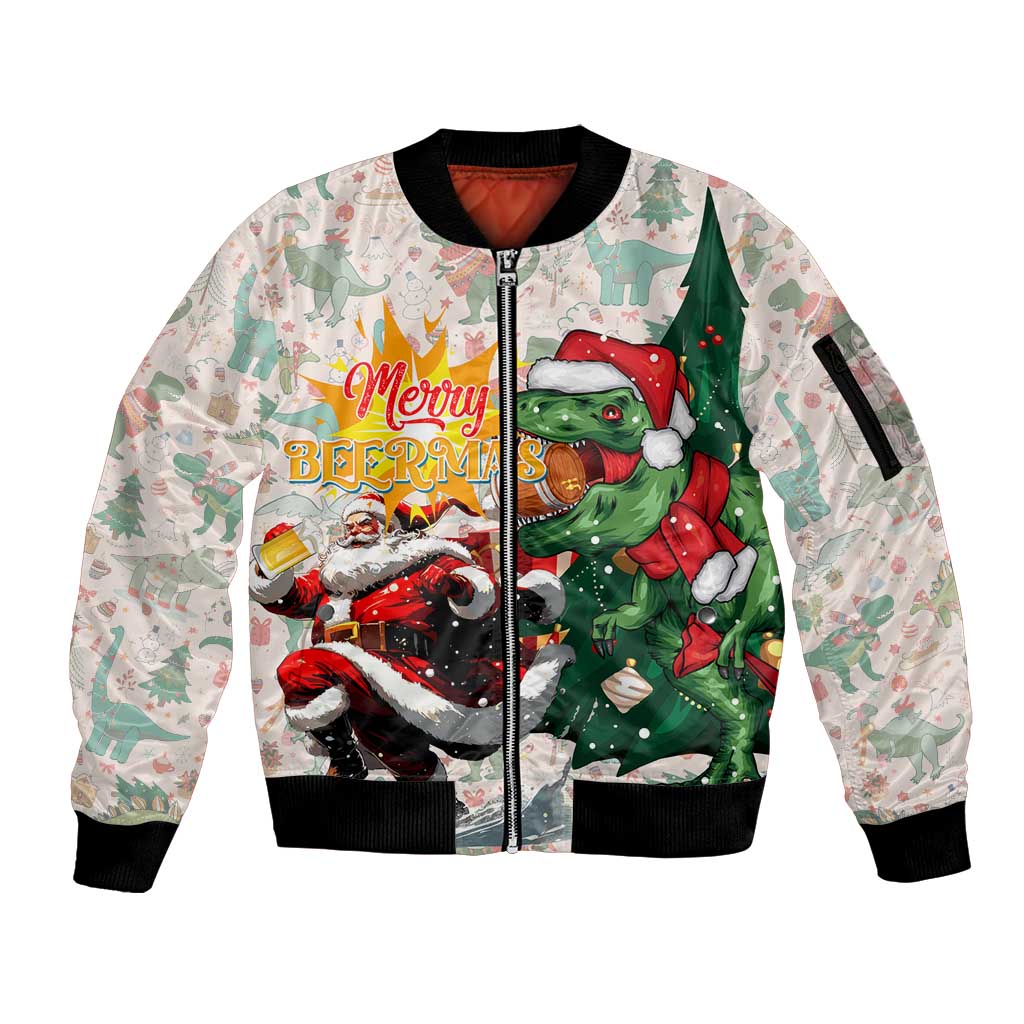 Cheer Santa Claus T-Rex Sleeve Zip Bomber Jacket Merry Beermas Christmas - Wonder Print Shop