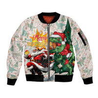 Cheer Santa Claus T-Rex Sleeve Zip Bomber Jacket Merry Beermas Christmas - Wonder Print Shop