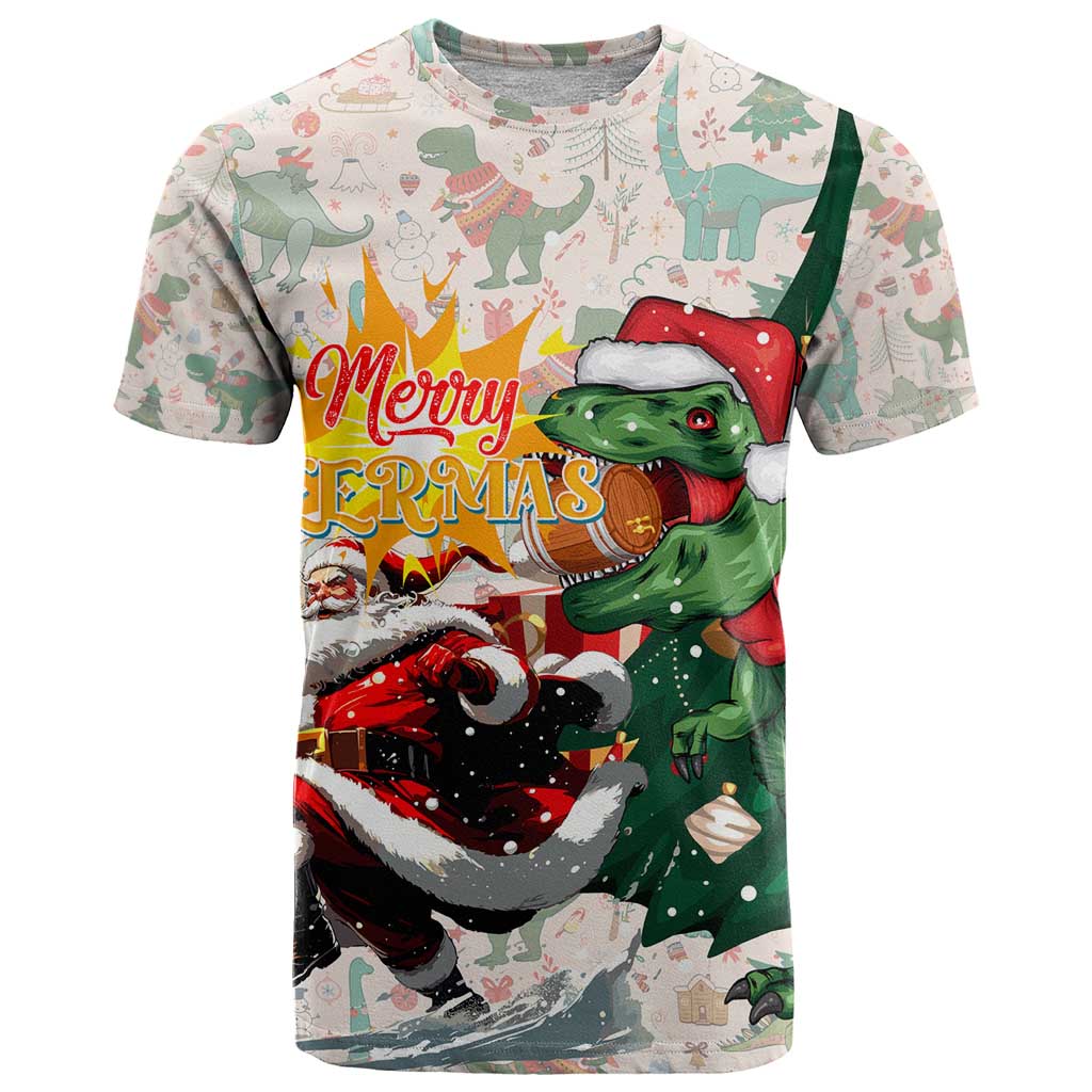 Cheer Santa Claus T-Rex T Shirt Merry Beermas Christmas - Wonder Print Shop