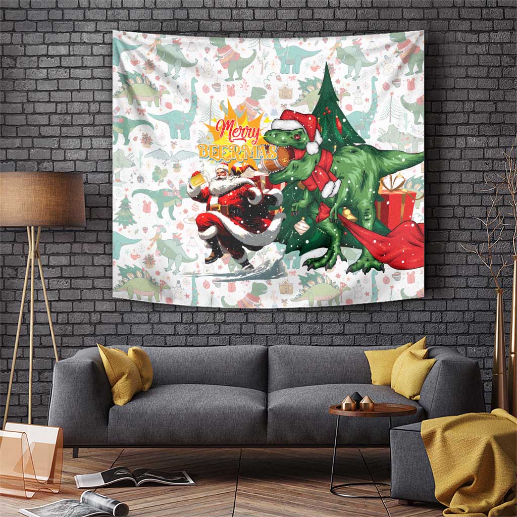 Cheer Santa Claus T-Rex Tapestry Merry Beermas Christmas - Wonder Print Shop
