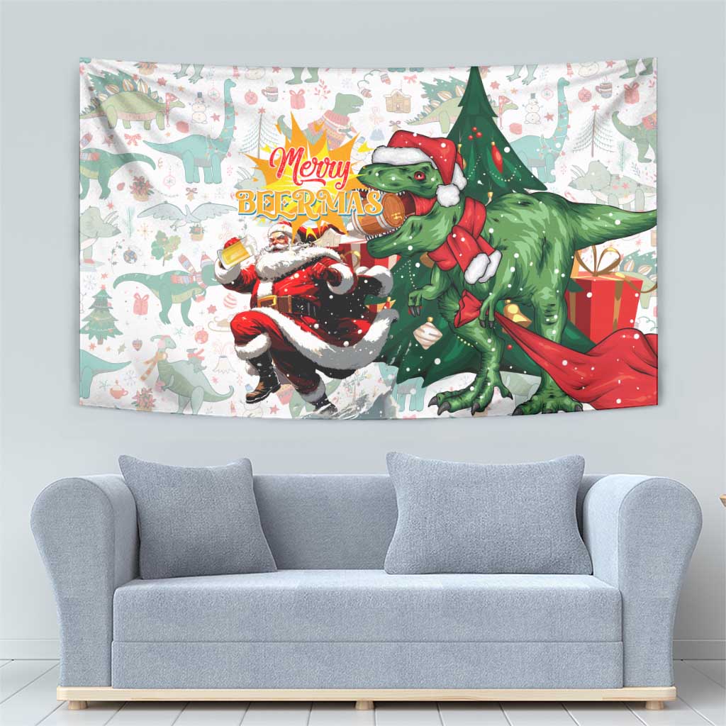 Cheer Santa Claus T-Rex Tapestry Merry Beermas Christmas - Wonder Print Shop