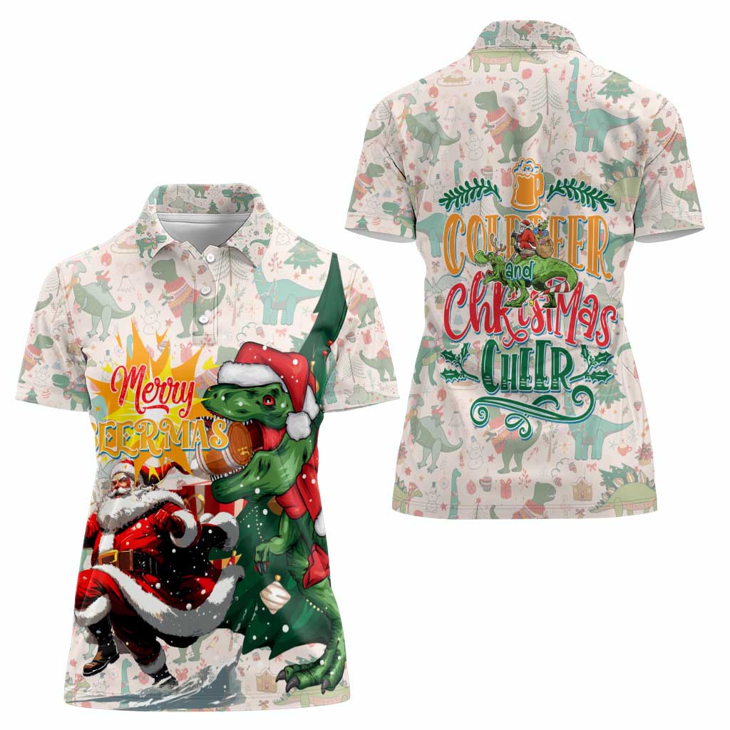 Cheer Santa Claus T-Rex Women Polo Shirt Merry Beermas Christmas - Wonder Print Shop