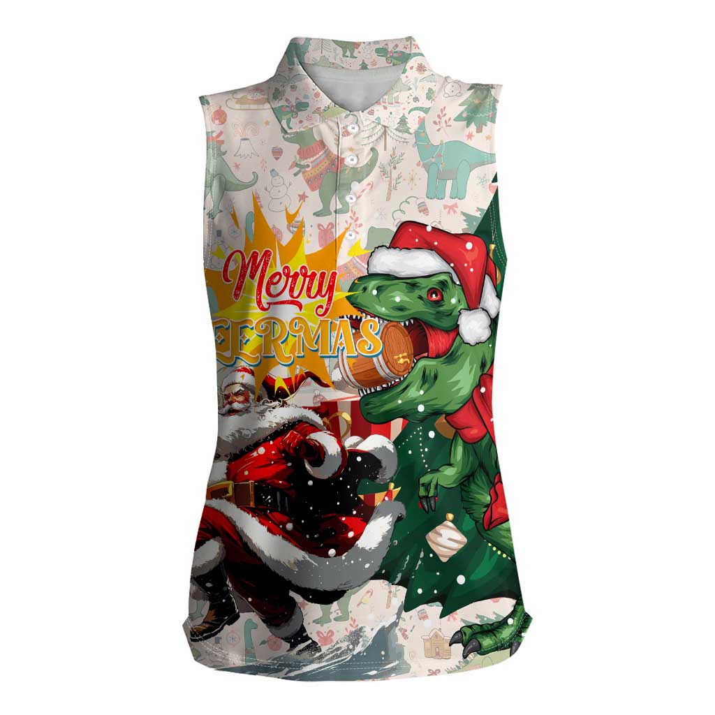 Cheer Santa Claus T-Rex Women Sleeveless Polo Shirt Merry Beermas Christmas - Wonder Print Shop