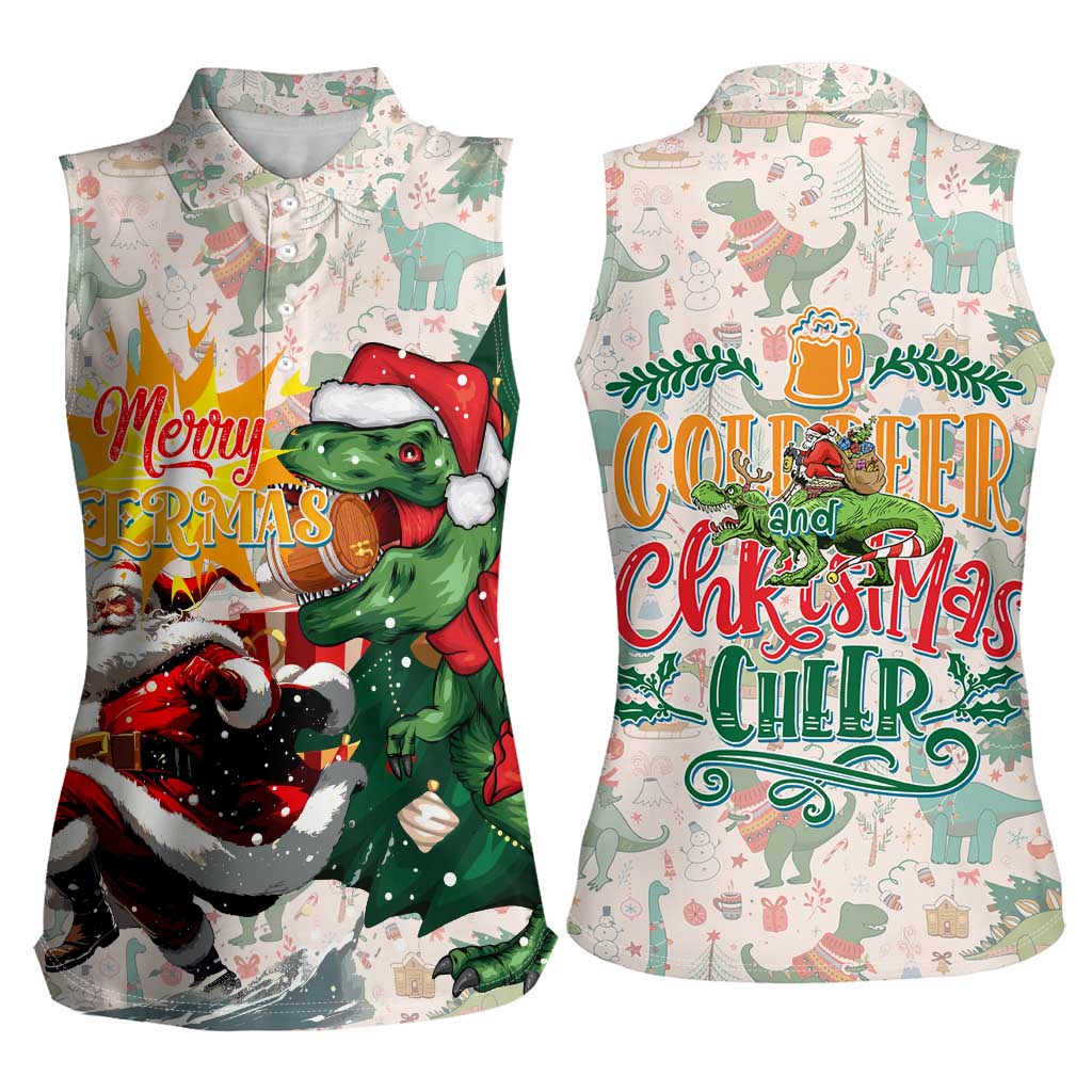 Cheer Santa Claus T-Rex Women Sleeveless Polo Shirt Merry Beermas Christmas - Wonder Print Shop