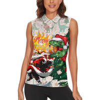 Cheer Santa Claus T-Rex Women Sleeveless Polo Shirt Merry Beermas Christmas - Wonder Print Shop