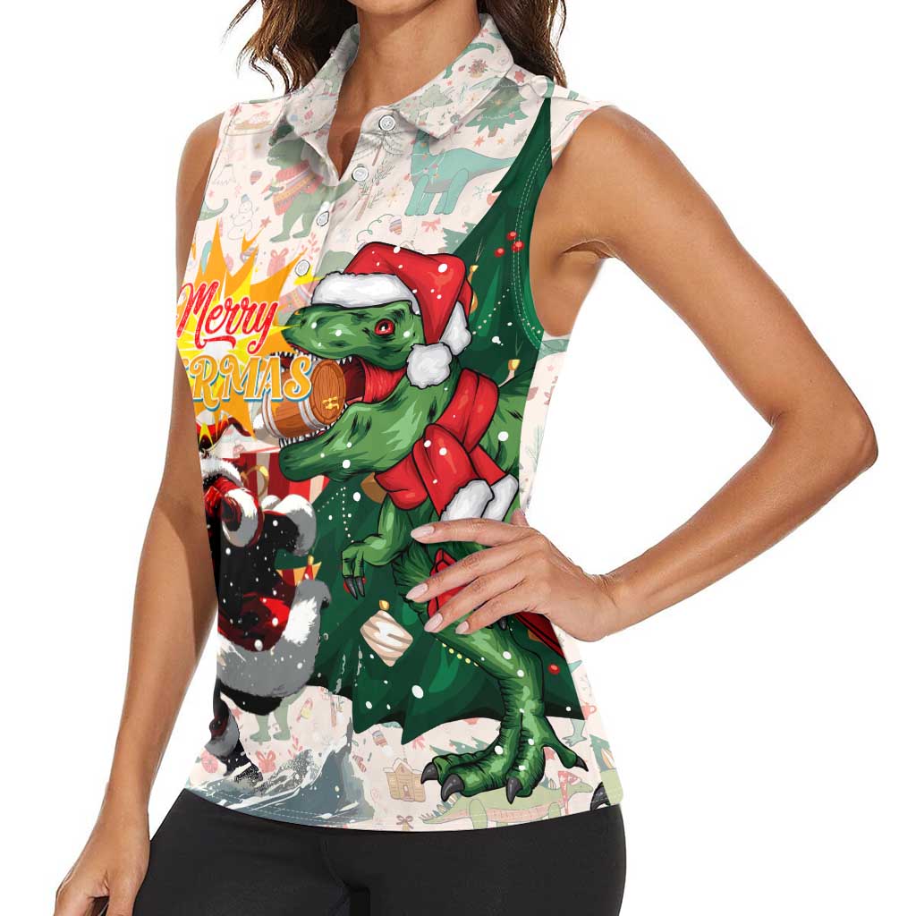 Cheer Santa Claus T-Rex Women Sleeveless Polo Shirt Merry Beermas Christmas - Wonder Print Shop