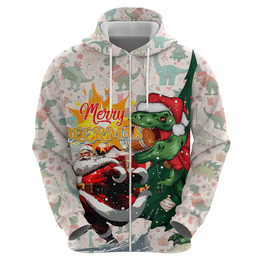 Cheer Santa Claus T-Rex Zip Hoodie Merry Beermas Christmas - Wonder Print Shop