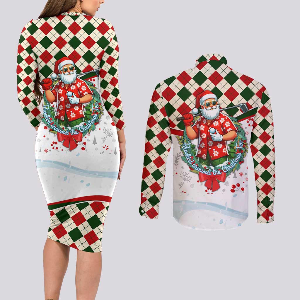 Santa Golf Club Couples Matching Long Sleeve Bodycon Dress and Long Sleeve Button Shirt Christmas Winter Style - Wonder Print Shop