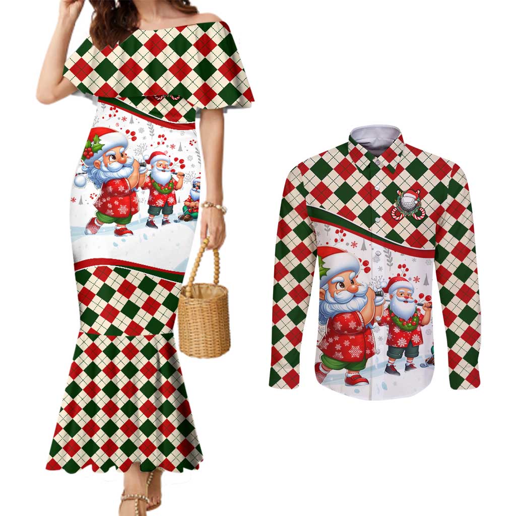 Santa Golf Club Couples Matching Mermaid Dress and Long Sleeve Button Shirt Christmas Winter Style