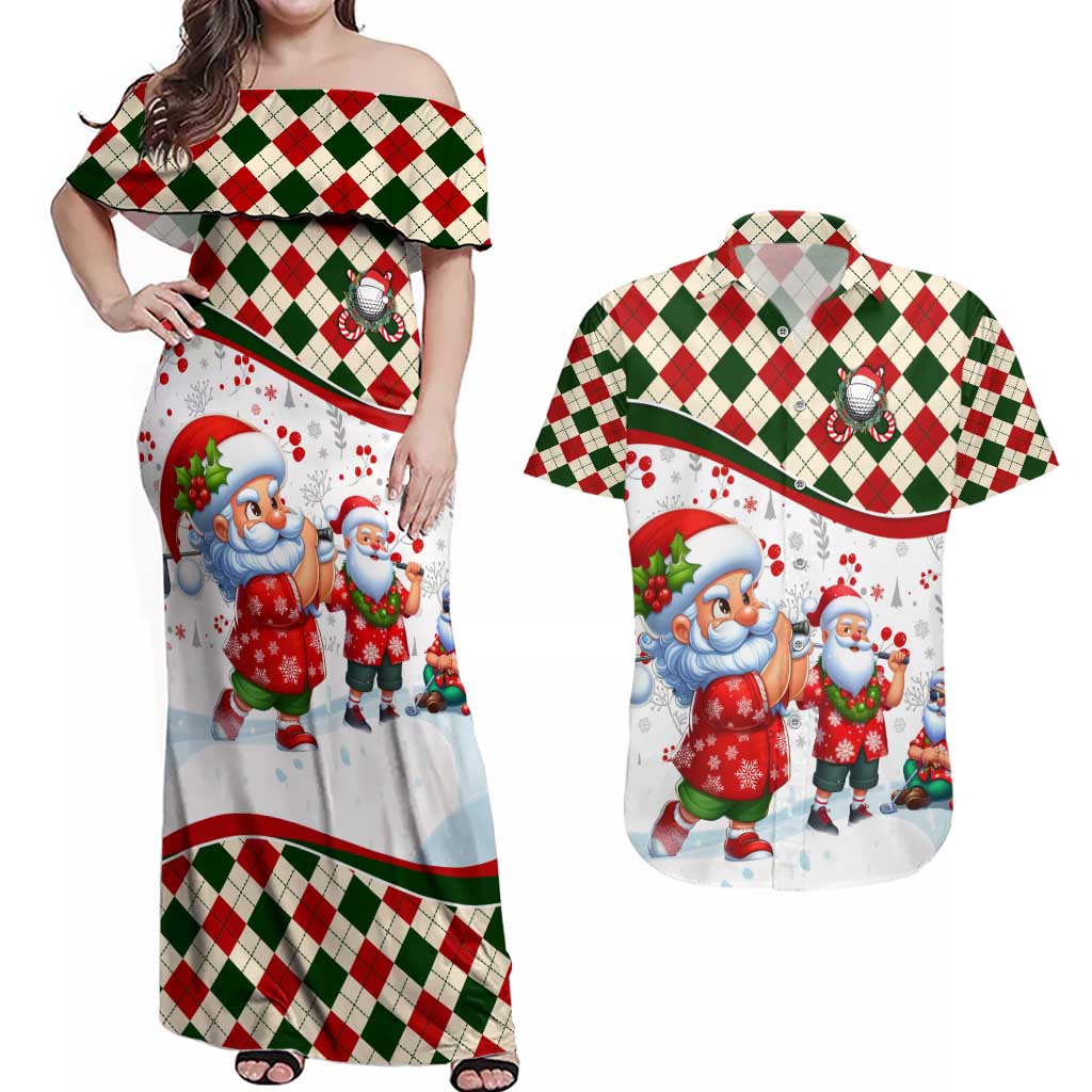 Santa Golf Club Couples Matching Off Shoulder Maxi Dress and Hawaiian Shirt Christmas Winter Style - Wonder Print Shop