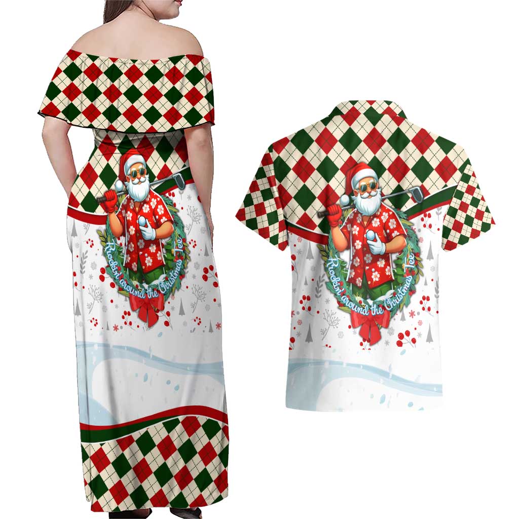 Santa Golf Club Couples Matching Off Shoulder Maxi Dress and Hawaiian Shirt Christmas Winter Style - Wonder Print Shop
