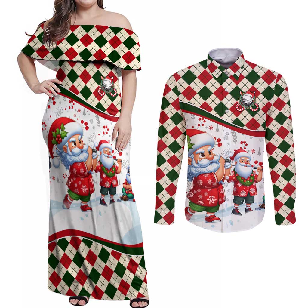 Santa Golf Club Couples Matching Off Shoulder Maxi Dress and Long Sleeve Button Shirt Christmas Winter Style - Wonder Print Shop