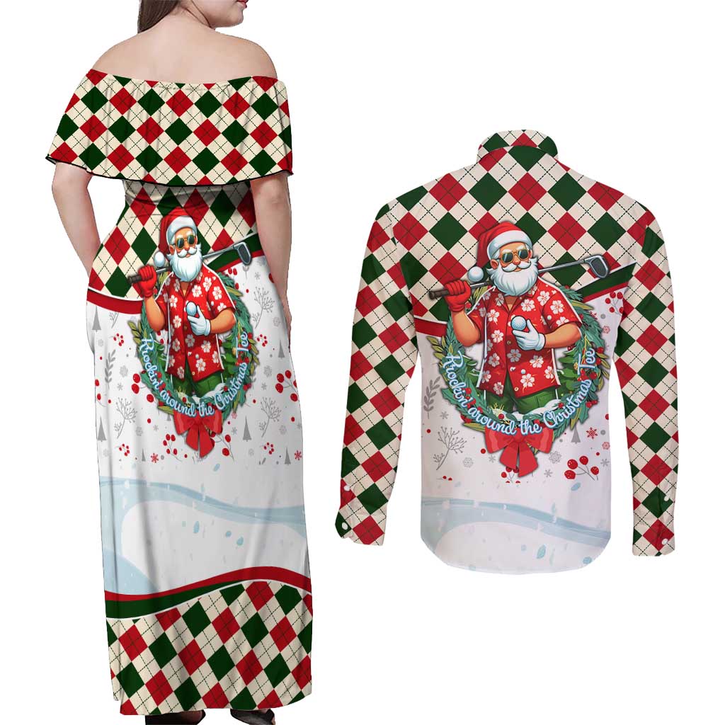Santa Golf Club Couples Matching Off Shoulder Maxi Dress and Long Sleeve Button Shirt Christmas Winter Style - Wonder Print Shop
