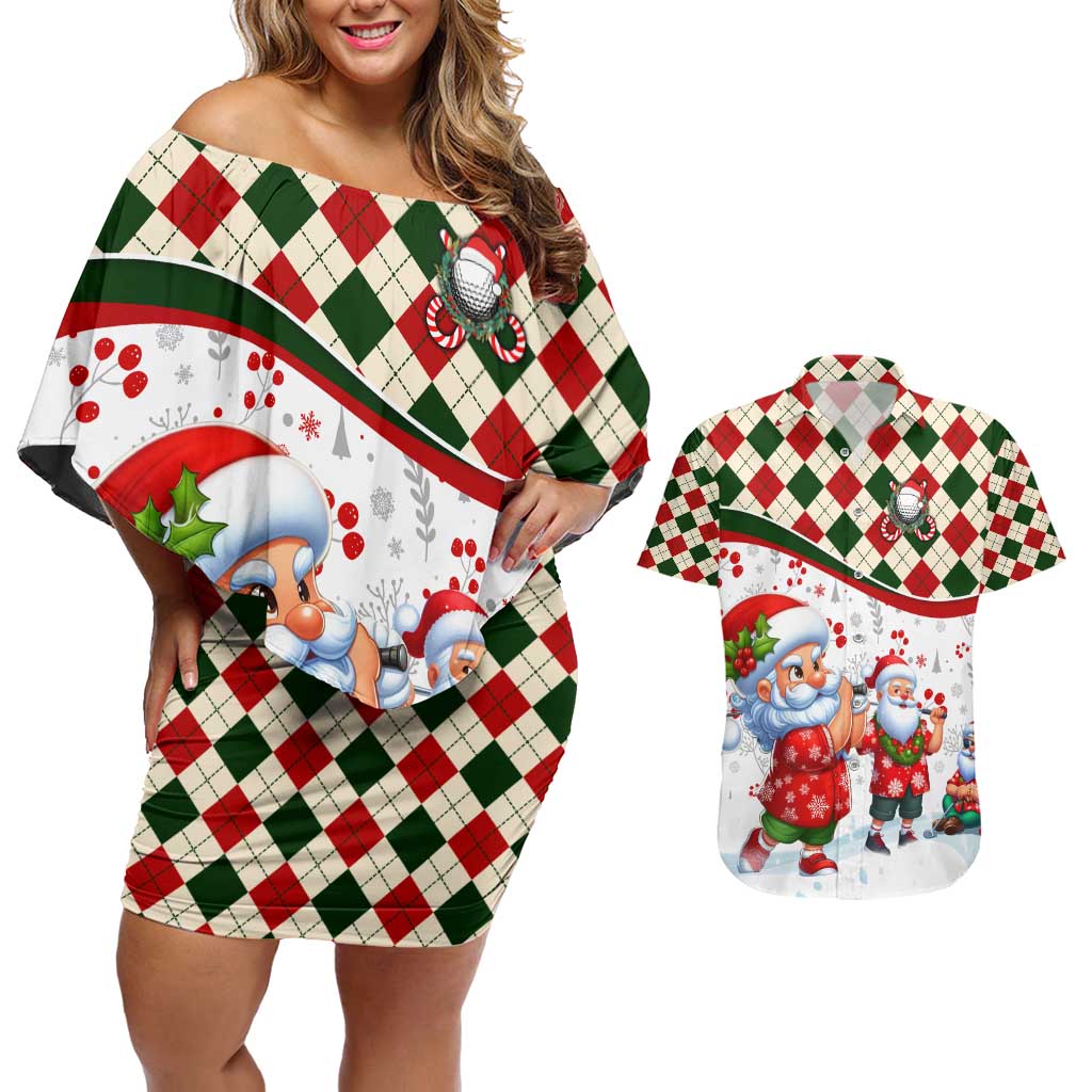 Santa Golf Club Couples Matching Off Shoulder Short Dress and Hawaiian Shirt Christmas Winter Style - Wonder Print Shop