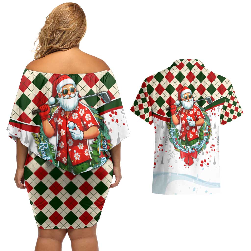 Santa Golf Club Couples Matching Off Shoulder Short Dress and Hawaiian Shirt Christmas Winter Style - Wonder Print Shop