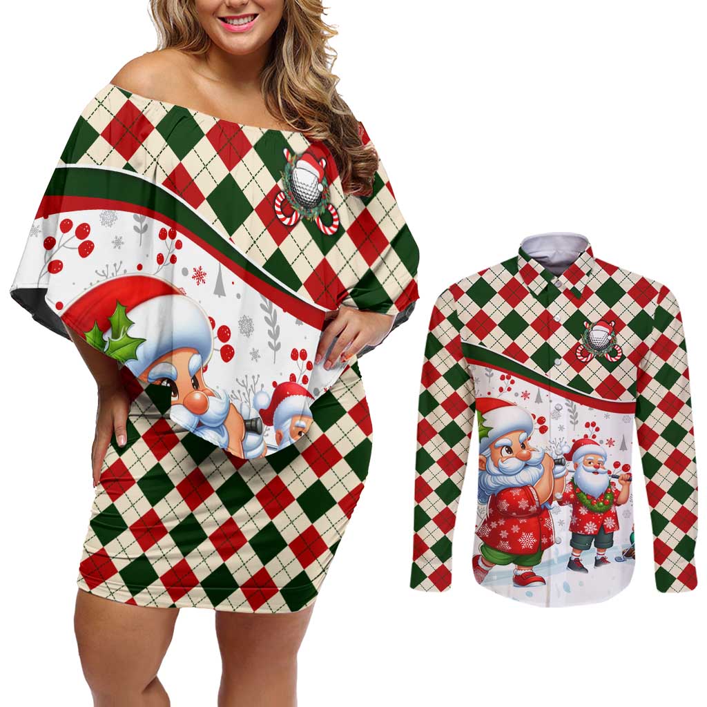 Santa Golf Club Couples Matching Off Shoulder Short Dress and Long Sleeve Button Shirt Christmas Winter Style - Wonder Print Shop