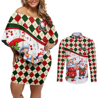 Santa Golf Club Couples Matching Off Shoulder Short Dress and Long Sleeve Button Shirt Christmas Winter Style - Wonder Print Shop