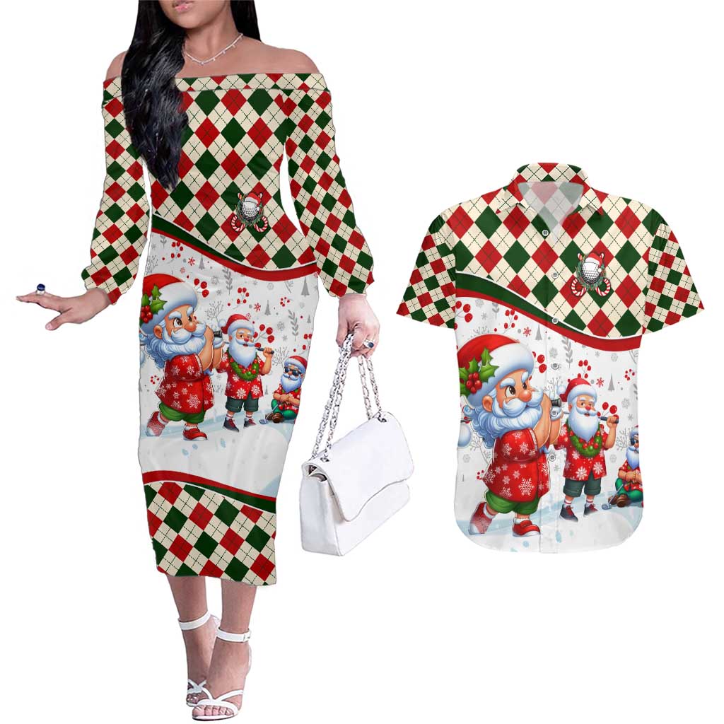 Santa Golf Club Couples Matching Off The Shoulder Long Sleeve Dress and Hawaiian Shirt Christmas Winter Style - Wonder Print Shop